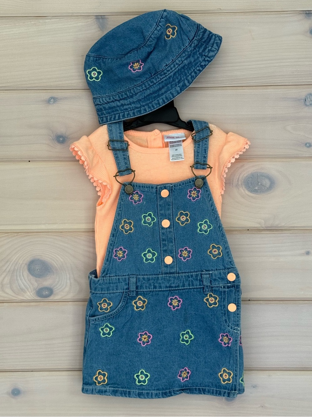 Denim Floral Embroidered Overall Skort Dress w/ Peach Tee & Matching Bucket Hat